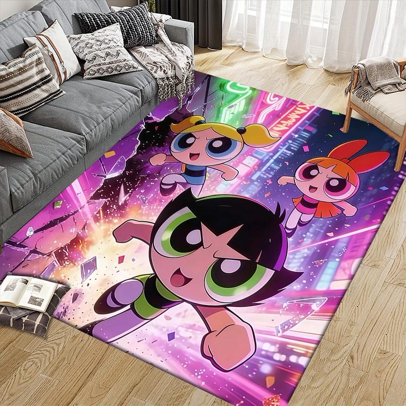 The Powerpuff Girls2 Flannel Pattern Square Carpet,Area Rug,Carpet Rug for Living Room Bedroom Sofa Playroom Decor,Non-slip Floor Mat