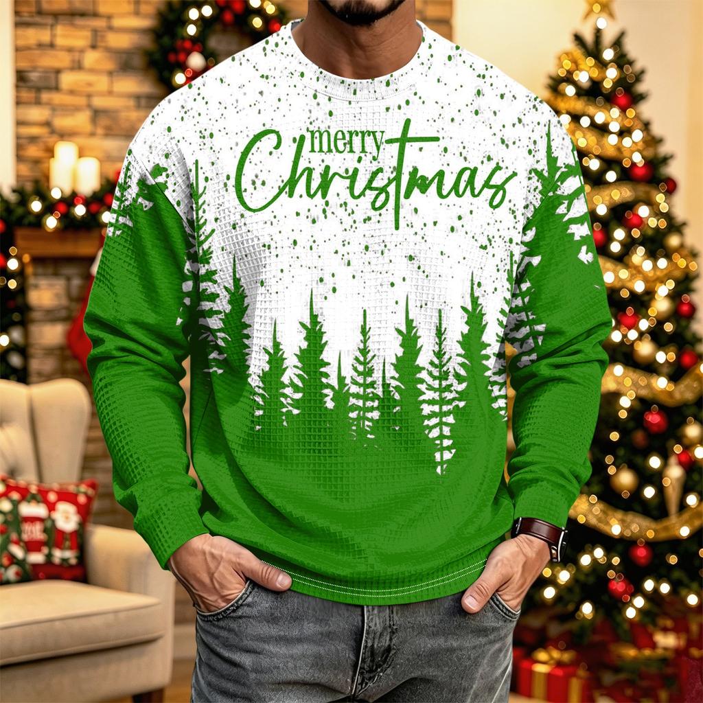 Men's Knit Long Sleeve Neck Casual Top with Christmas Print for Winter