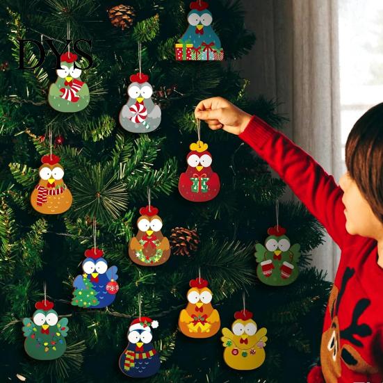 Holiday Party Hanging Decor 12/24/36Pcs Christmas Chick Ornaments, Wooden Cartoon Ornaments for Tree, Wood Tree Cute Kids Family Friends Xmas Supplies