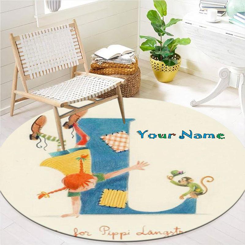 Pippi Longstocking Custom Name Round Area Rug,Carpet Rug for Living Room Bedroom Sofa Playroom Decor,Non-slip Floor Mat
