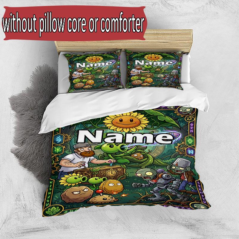 3-teiliges Bettbezug-Set (1 * Bettbezug + 2 * Kissenbezug, ohne Kern), Benutzerdefiniertes Namens-Pflanzen gegen Zombies Muster Bettwäsche-Set, Heim-Schlafzimmer-Dekoration Geschenk