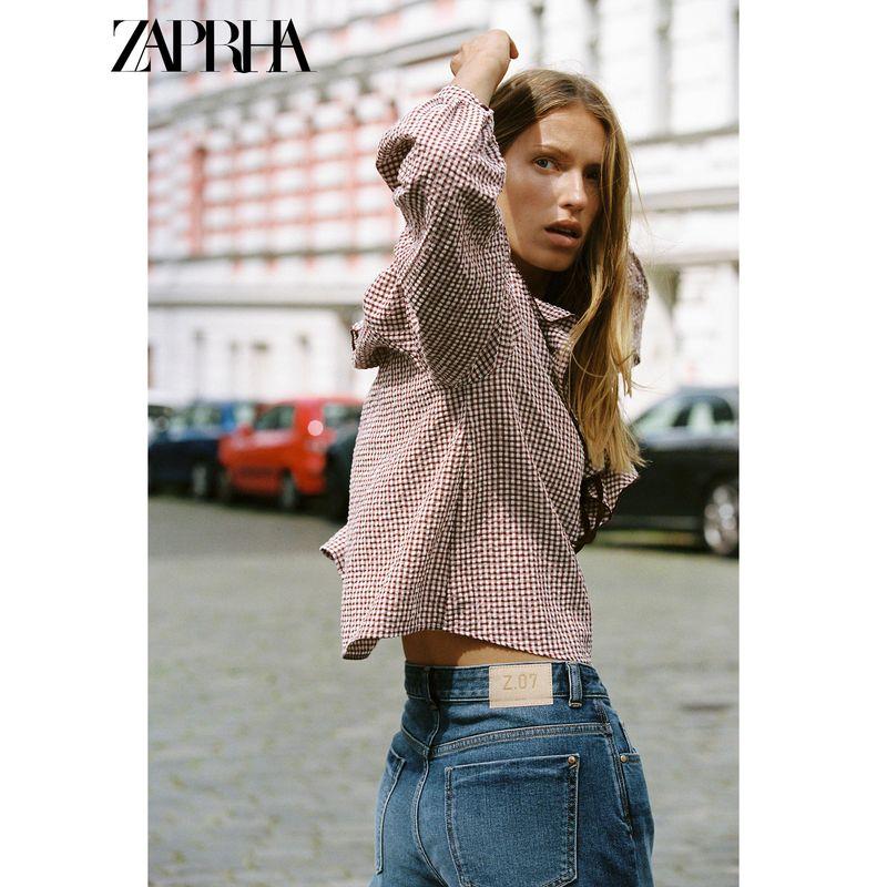 Zaprha 2025 Autumn New Small Plaid Laminated Decoration Bow V-neck Long sleeve Shirts Top 5029181