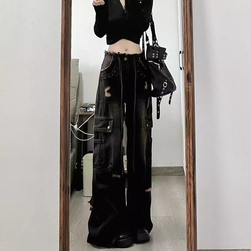 

Женские модные джинсы прямого кроя с принтом тай-дай - Черный уличный стиль Large