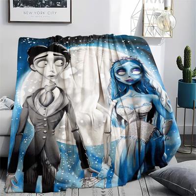 1Pc Corpse Bride Cartoon Print Flannel Blanket, High Quality Comfortable for All Seasons, Home Decor, Warmth and Comfort, Perfect for Gifts