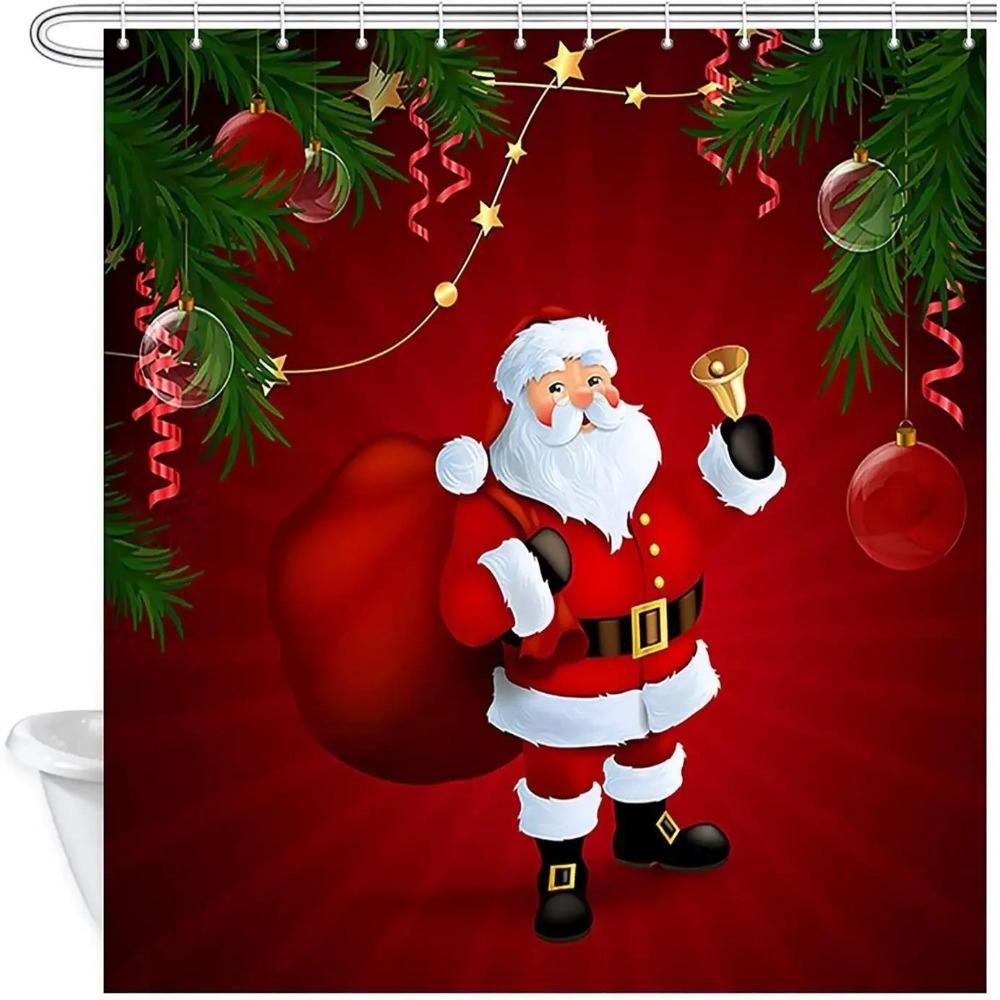 

Красные рождественские шторки для душа для ванной, праздничные милые Санта-Клаусы с сосновыми ветками, тканевый набор занавесок для ванной с крючками 90x180cm-35x70in