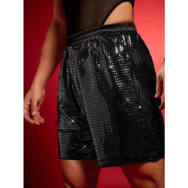 Pantalones Cortos Metálicos de Rejilla con Lentejuelas para Hombre Cintura Alta Elástica Brillo Fiesta Disco •