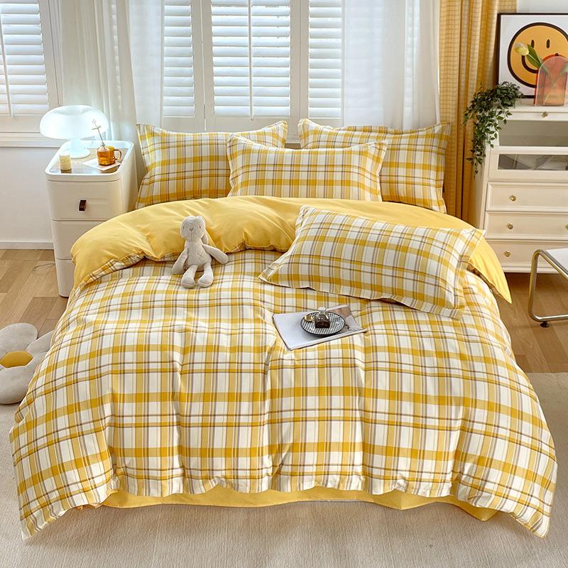 Small Fresh Pure Cotton Brushed Four-piece Set Thickened Washed Cotton Sheets and Quilt Covers Dormitory Three-piece Bedding Set
