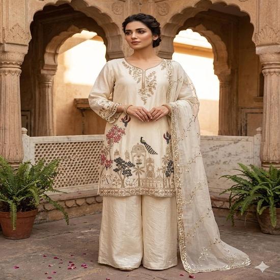 Majestic Off-White Silk Peacock Embroidered Sharara Set M