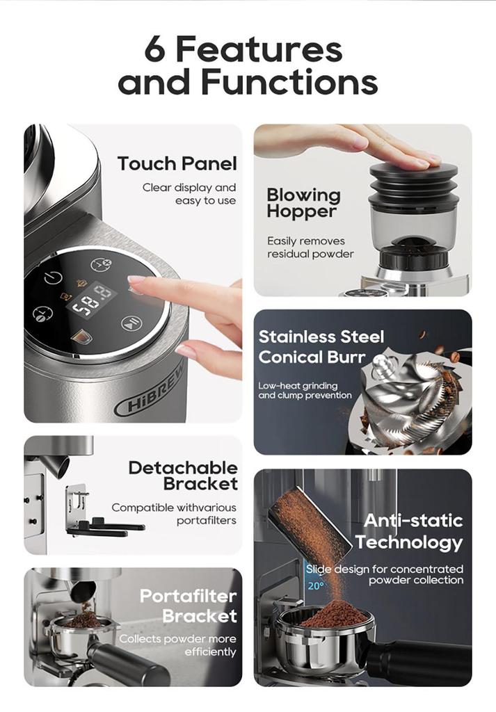 HiBREW G7 Coffee Grinder, 48 Grind Settings, Anti-Static Technology, Stainless Steel Conical Burr, Touch Panel