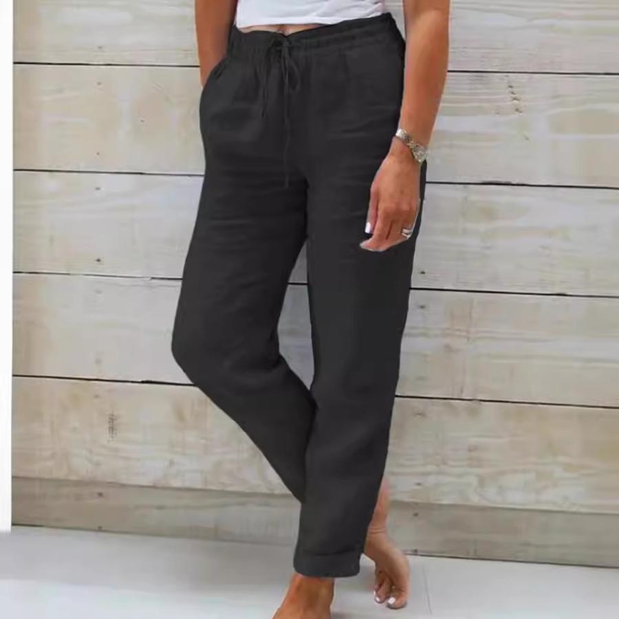 New Style Women's High Waist Elastic Waist Solid Cotton Linen Casual Pants
