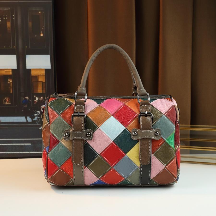 

Textured Cowhide Handbag Contrasting Colors Casual Versatile Shoulder Messenger Boston Bag Travel Large-Capacity Bag