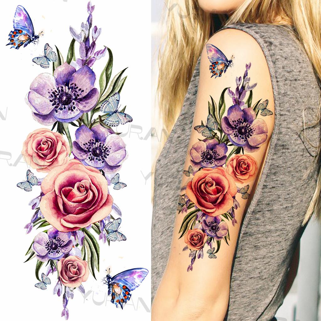 Large Colorful Rose Flower Temporary Tattoos For Girls Women Anchor Fake Gemstone Pendant Tattoo Paste Arm Body Tatoos Creative
