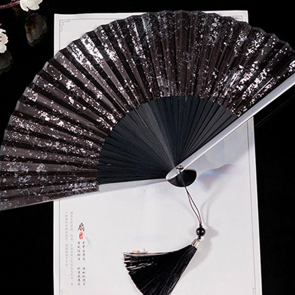 Durable Chinese Style Portable Folding Fan with Tassels Elegant Handheld Bamboo Fan Gold Silver Dance Fan For Summer Dance