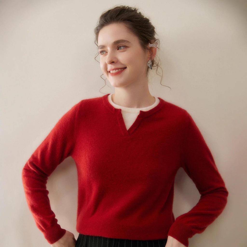 Women's Fashion Cashmere Knit Henley Neck Two-Piece Pullover - Versatile Autumn/Winter Solid Color Base Layer