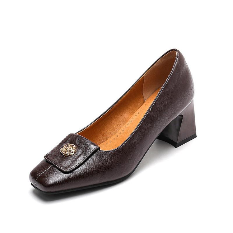 New Women's Fashion Single Shoes Square Head High Heel Small Leather Shoes Casual and Comfortable Rubber Sole Large Size Solid Color Four-season Sing