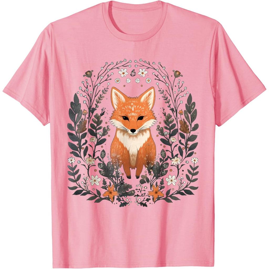Cottagecore Floral Fox Aesthetic Graphic Tee for Unisex Casual Short Sleeve T-Shirt