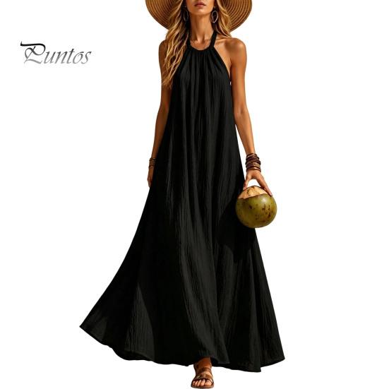Non-sticky Fabric Dress Women Halter Neck Maxi Linen Dress, Sleeveless A-Line Loose Pleated Texture Casual Long Summer Flowy Vacation Beach