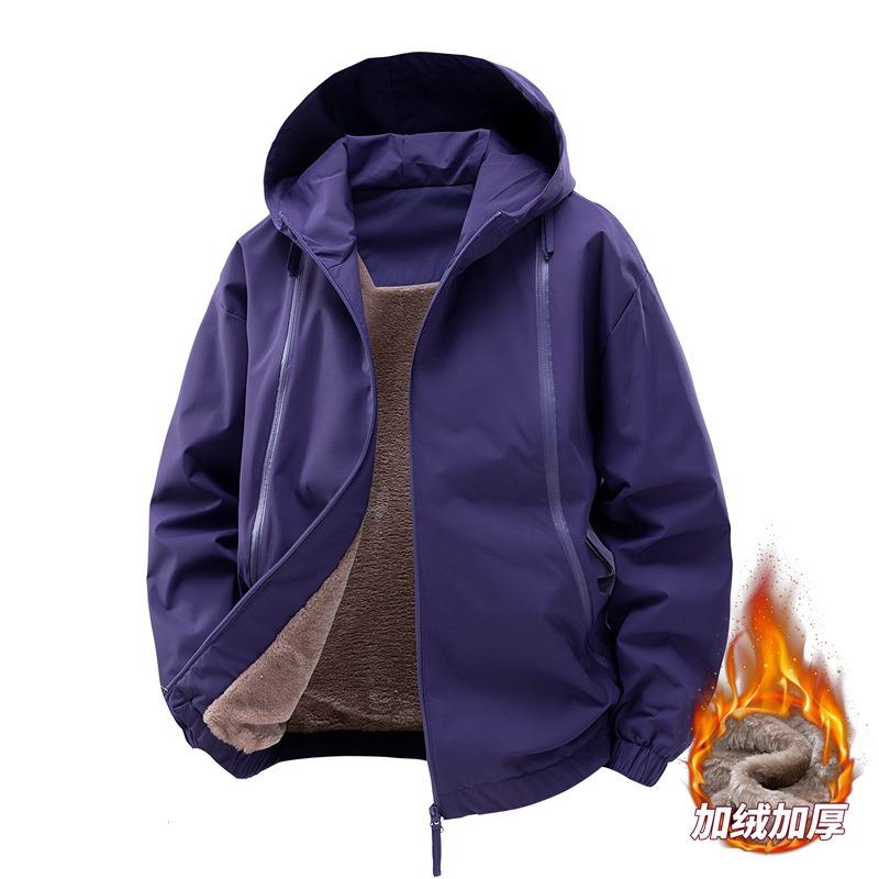 OO Fleece Verdickt Einfarbige Jacke Herren Locker Trend Outdoor Wasserdicht Freizeit Kapuzenjacke Herren