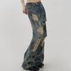 Damskie jeansy vintage z efektem rozpryskującej się farby, postarzane, z szerokimi nogawkami rozszerzanymi ku dołowi - wysoki stan, wyszczuplające, z drapowaniem, na wiosnę lato