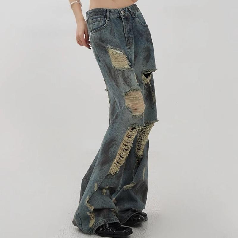 Damskie jeansy vintage z efektem rozpryskującej się farby, postarzane, z szerokimi nogawkami rozszerzanymi ku dołowi - wysoki stan, wyszczuplające, z drapowaniem, na wiosnę lato