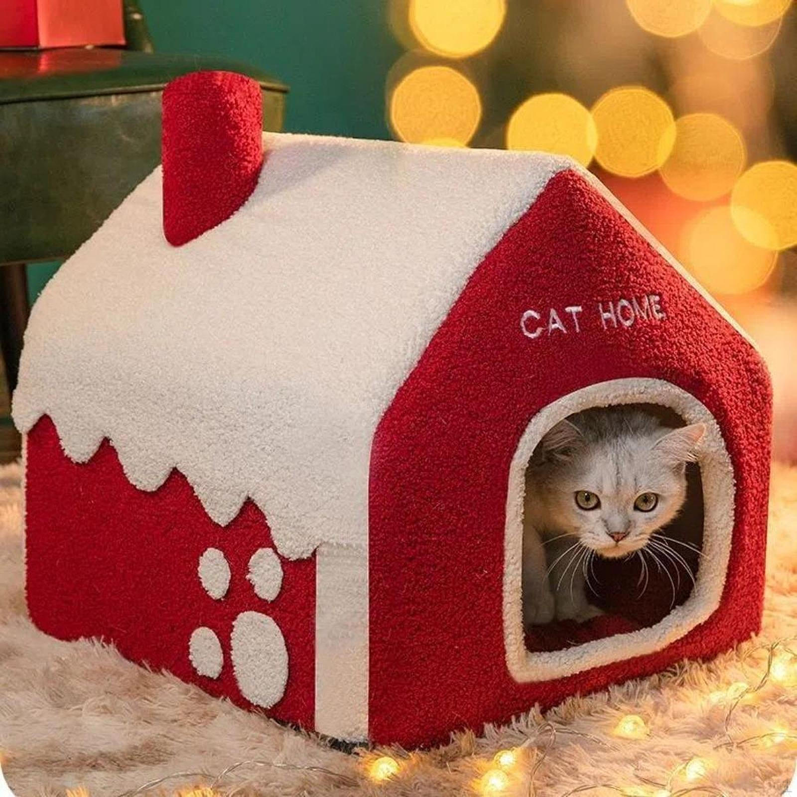 

Christmas Cat Bed Pet Tent Cave Nest Hideaway Shelter Puppy Kennel Washable Festive Cozy Self