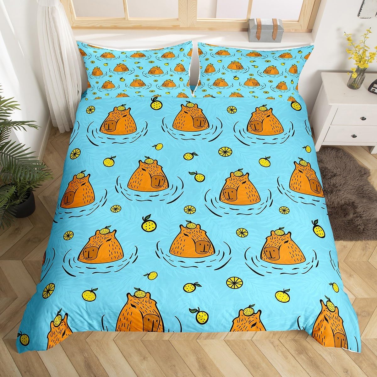 Jolie Parure de Housse de Couette Simple Capybara Ensemble de Literie Capybaras Dessin Animé, Housse de Couette Design Animaux Rongeurs Amusants pour Enfants Garçons Filles 100x135cm 2pcs
