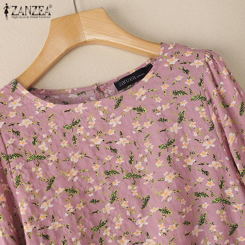 ZANZEA Women Casual Round Neck 3/4 Sleeve Loose Floral Blouse