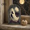 Dark Floral Halloween Decor Arched Wooden Wall Decor, Ghost Cat Hanging Ornament, Distressed Gothic Decorative Picture Frame Tabletop Plaque,