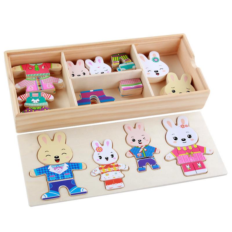 Wooden Childrens Toy With Little Rabbits Dress Up Puzzle For Learning And Play