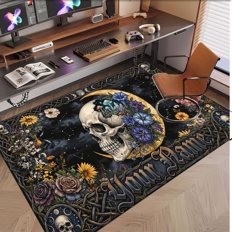 Totenkopf Gothic Thema Weicher Kristall-Samt Teppich Benutzerdefinierter Name & Text Druck Rutschfester Boden Teppich für Schlafzimmer Wohnzimmer