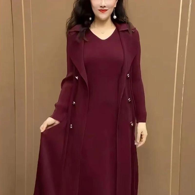 Spring Autumn Two Pieces Elegant Fashion Dress Lady Long Sleeve Temperament Solid Color Vestido Women Vintage Casual Dress