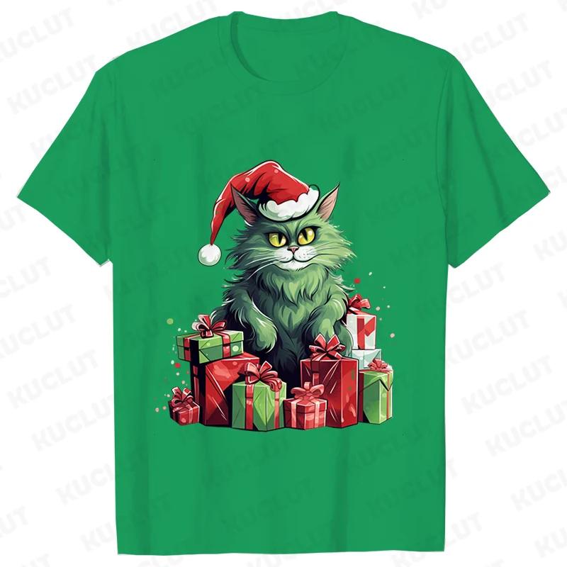 New Year Short Sleeve Tshirt Cute Cat Print Tops Fashion Xmas Unisex Tees Shirt Trend Graphic Christmas Male Oversized Clothing