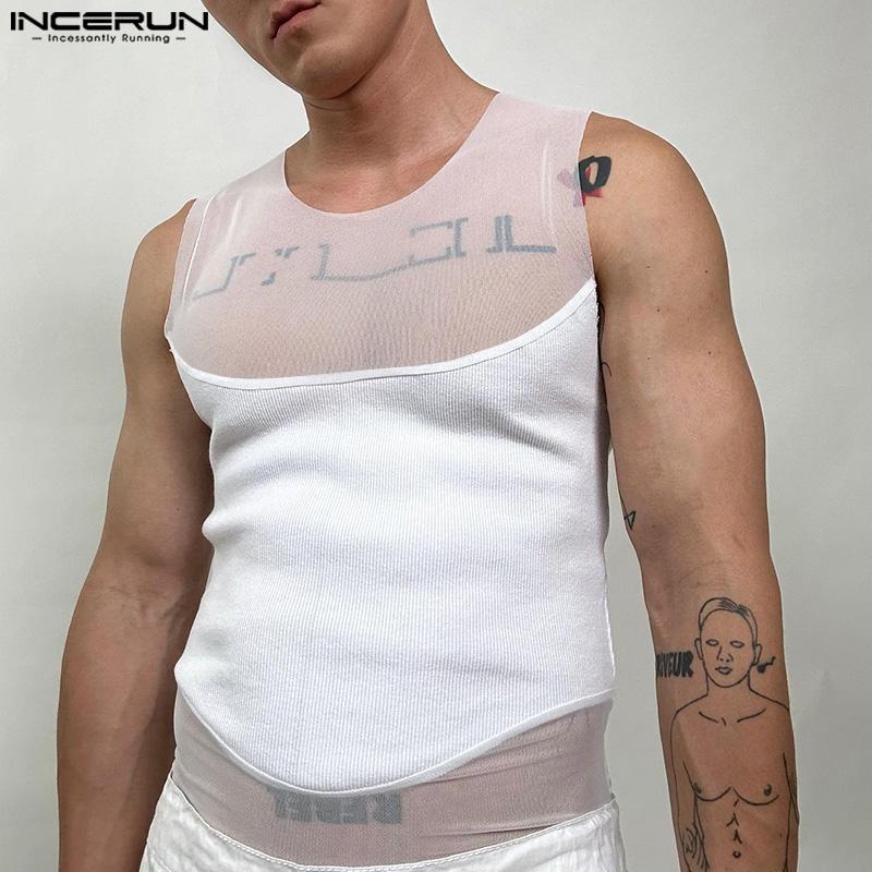 INCERUN Menn Ermeløs Mesh Patchwork Sexy Club Party Slim Tank Tops