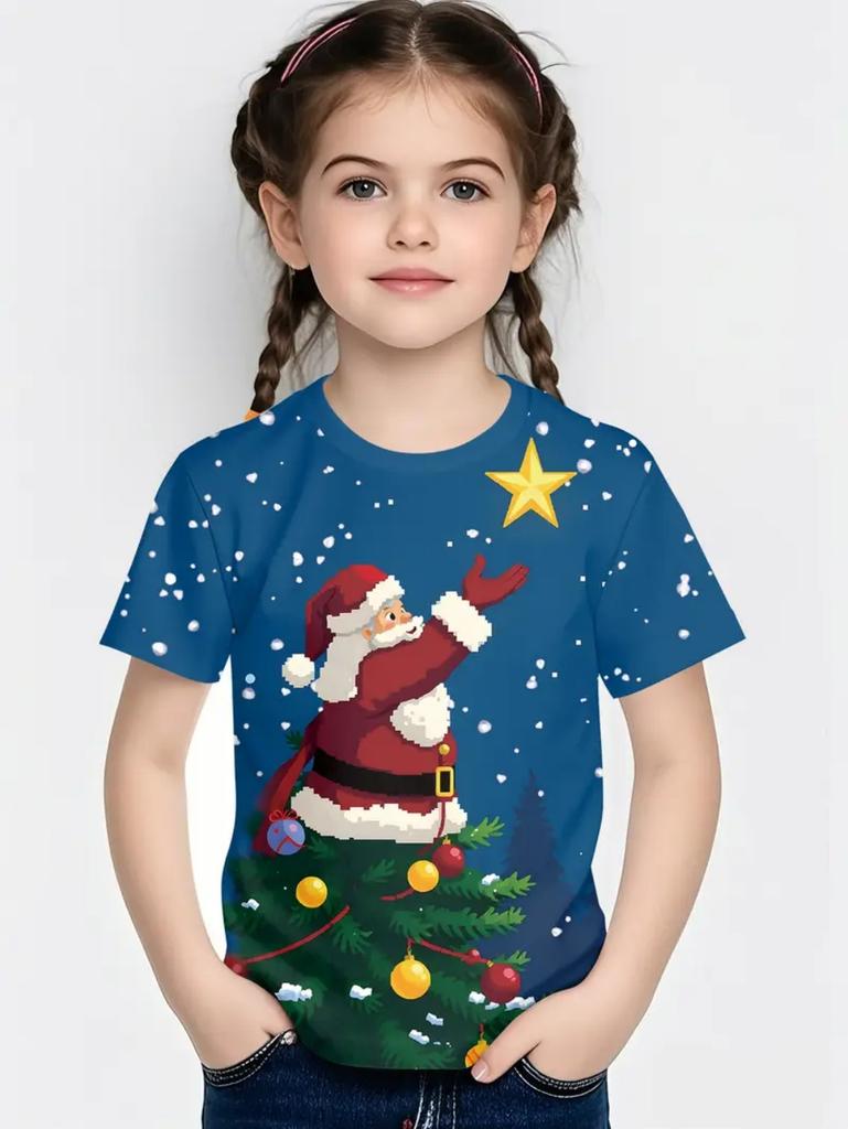 Kids' T-Shirt 3D Christmas Snowflake Print Girl Tops Casual Short Sleeve Simple T-Shirt Fashion Round Neck T-Shirt Girls Clothes