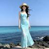 Seaside vacation style blue printed suspender dress beautiful gentle temperament waist slim fishtail skirt summer