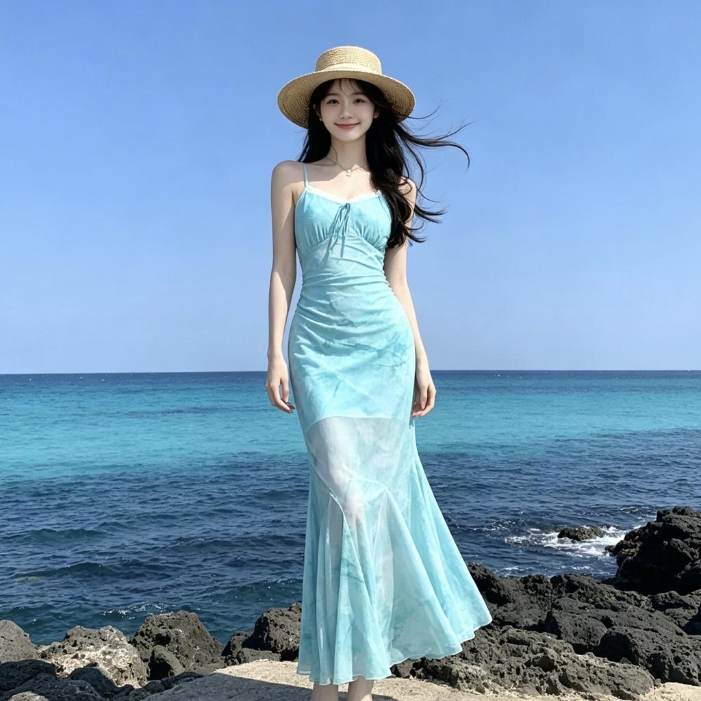 Seaside vacation style blue printed suspender dress beautiful gentle temperament waist slim fishtail skirt summer