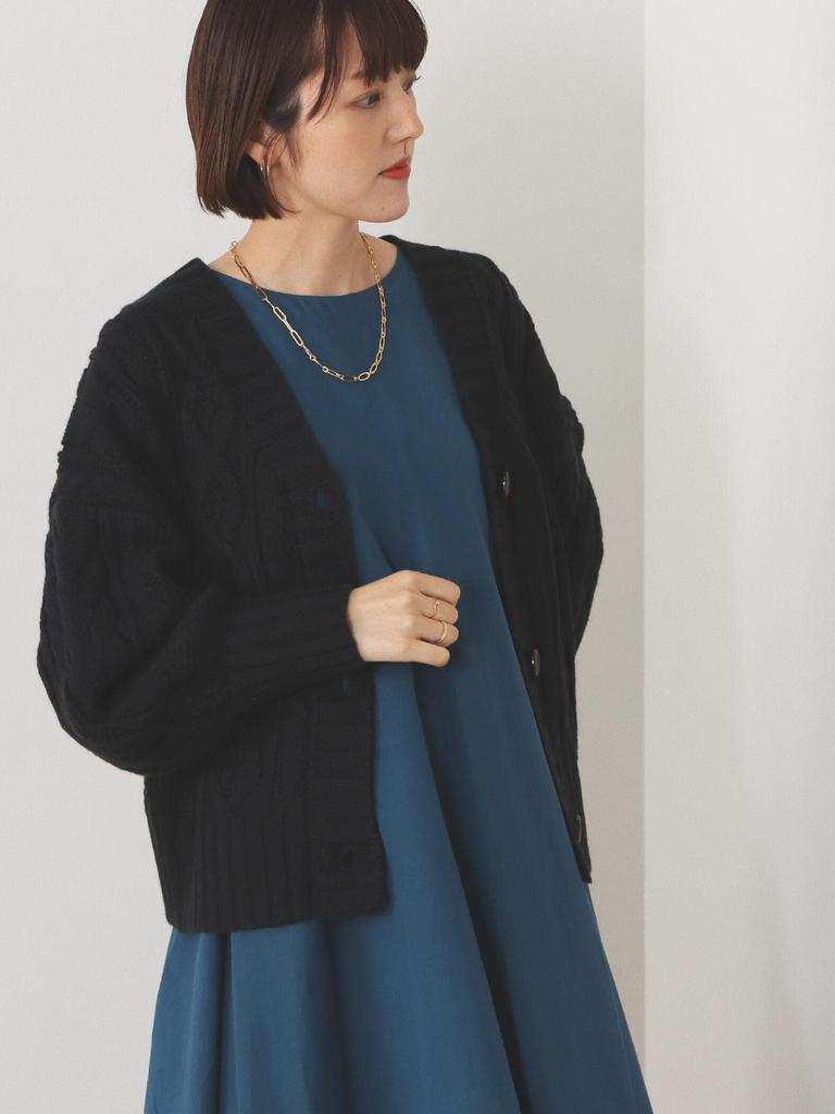 Cardigan Curto de Tricô com Cabo PRETO LIVRE [Beams Heart] Manga Comprida Feminino