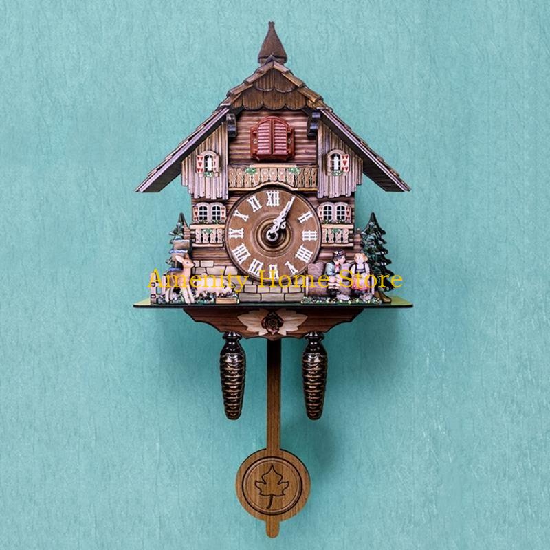 F26C Wooden Wall Clock Cuckoo Antique Pendulum Hanging Handcraft Swing Alarm Watch