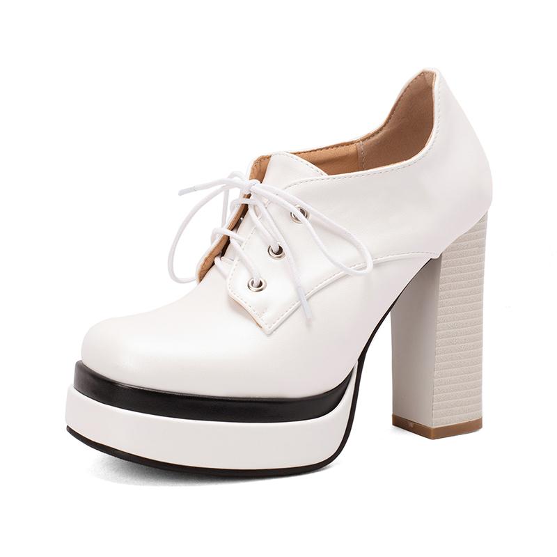 Ultra-High Thick-Heeled Lace-Up Breathable Color-Blocking Pumps Candy-Colored Cross-Laced Double-Layer Platform High Heels 34 белый