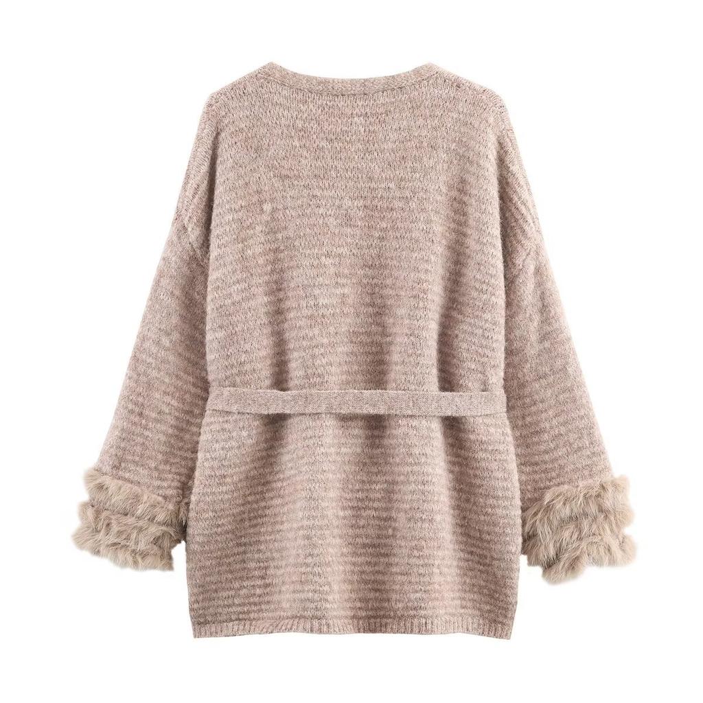 European and American style, new women's fashion, versatile, cross-border belt furry knit cardigan
