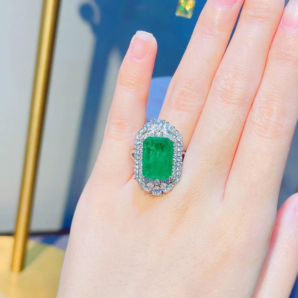 Open Ring Luxury Emerald Cotton Inclusions Imitation Full Diamond Paraba Gemstone Statement Ring