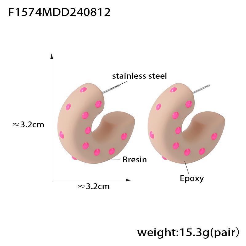 Eco-Friendly Resin Polka Dot C-Shaped Earrings - Trendy Pastoral Style with Stainless Steel, European & American Jewelry.