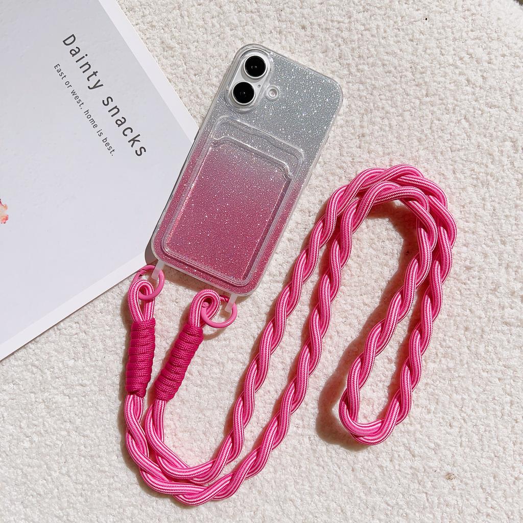 Crossbody Lanyard Strap Card Holder Glitter Gradient Case For iPhone 16 15 14 Pro Max Plus 12 13 Mini 11 7 8Plus XR XS Max Cover