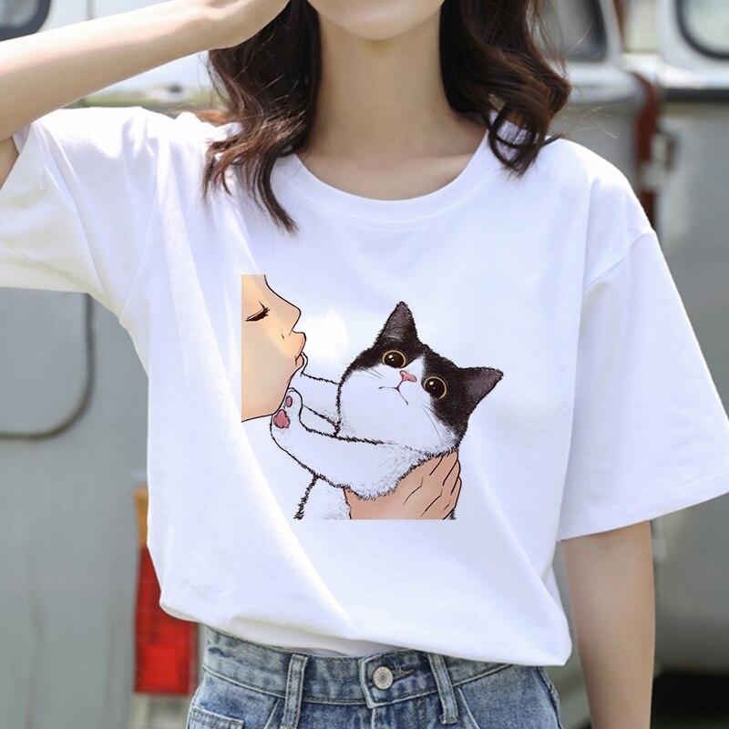 Ming Hong Women T-Shirt Cute Cat Print Oversized Tshirt Summer Female Clothing Ulzzang Harajuku 90s Girls T Round Neck Short Sleeve Tees