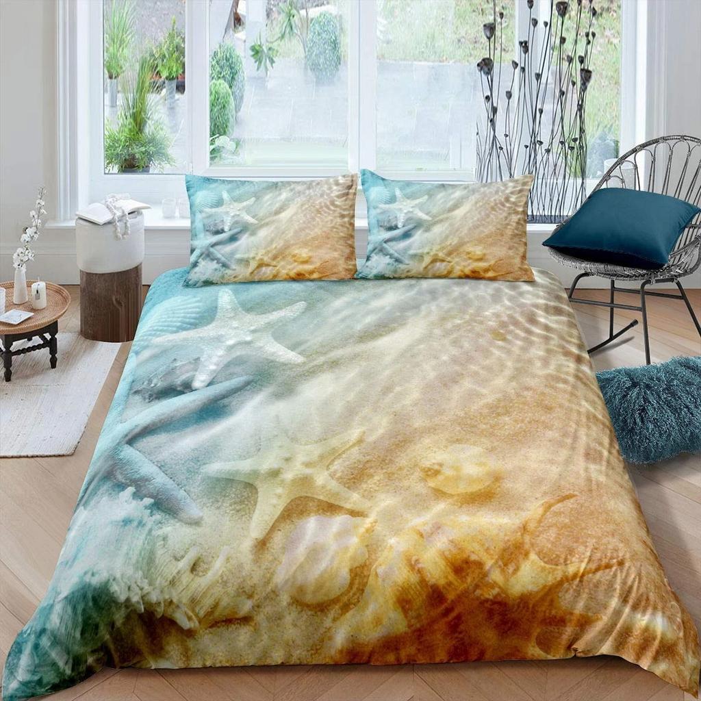 Summer Beach Duvet Cover Set Queen Ocean Bedding Set Hawaiian Palm Trees Marine Life Sea Waves Fish Printed Comforter Cover Set