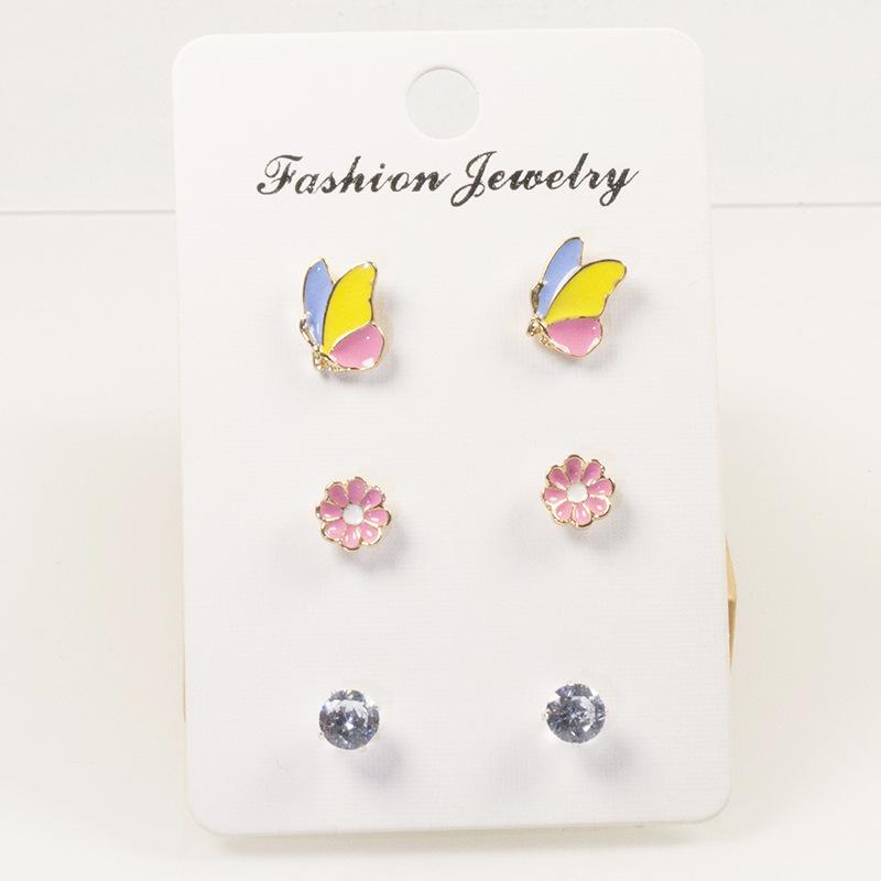New silver needle Korean version three pairs of combination set women s stud earrings, simple butterfly flower stud earrings exquisite earrings
