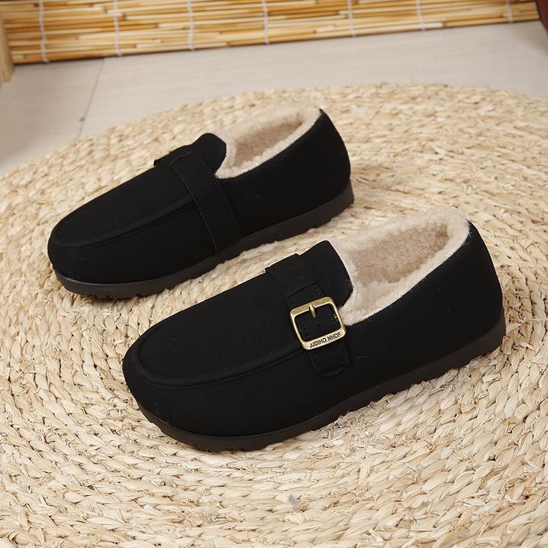 Winter Women's Warm Plush Loafers with Buckle Decoration, Plush Lining, Flat Sole, Comfortable and Casual Daily Shoes