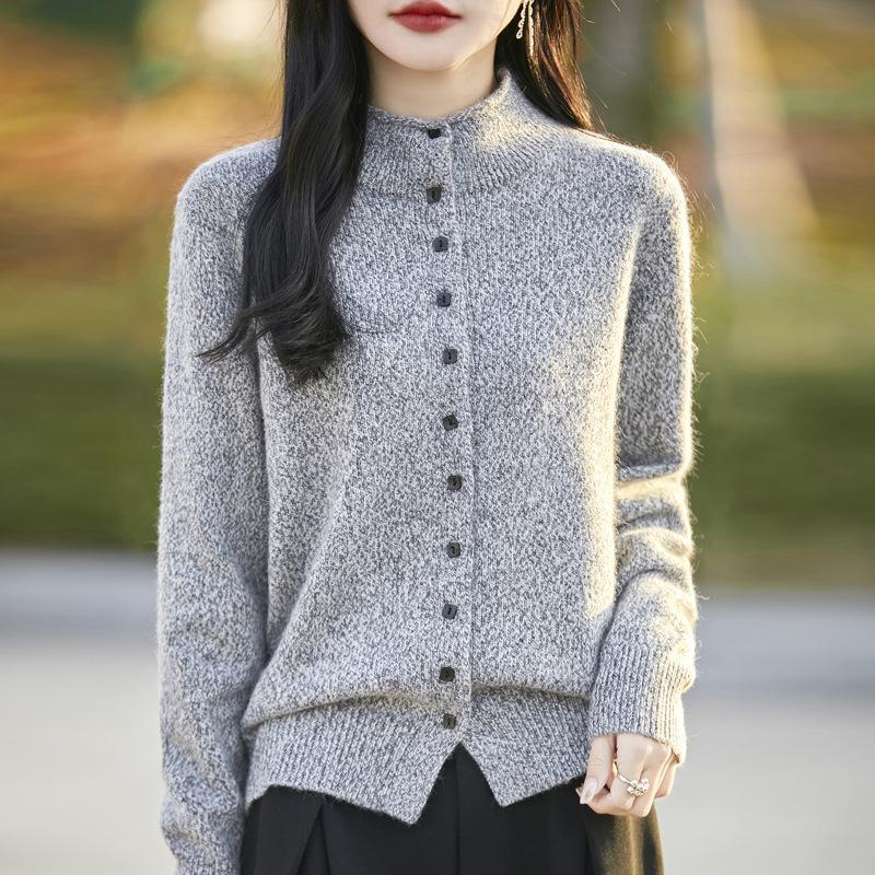 Nuovo stile primaverile, Scollo alla coreana, Cardigan in maglia morbido con maniche arrotolate, Alla moda ed elegante per donna