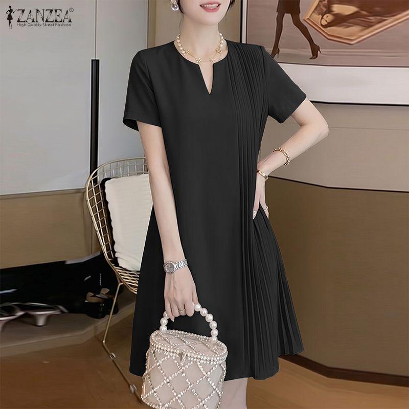 ZANZEA Women Casual V-Neck Solid Color Loose Short Sleeve Dress