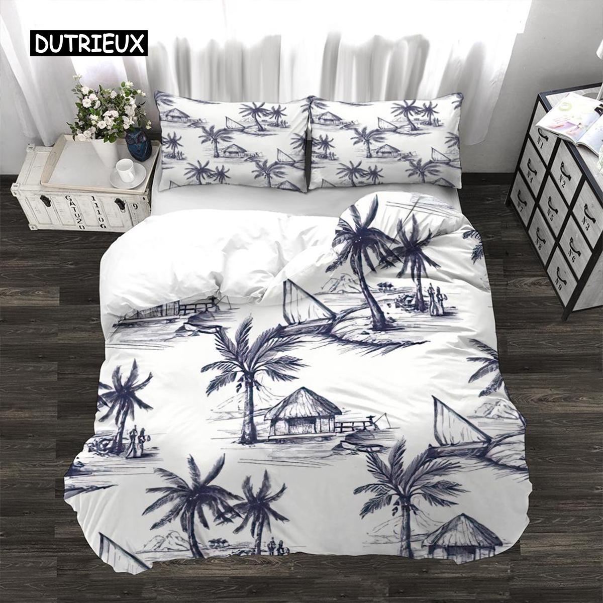 

Palm Leaves Duvet Cover Set Full Size Hawaiian Tropical Palm Tree Nature Scene Comforter Cover Sunset Dusk King Size Bedding Set EU single(135x200cm)